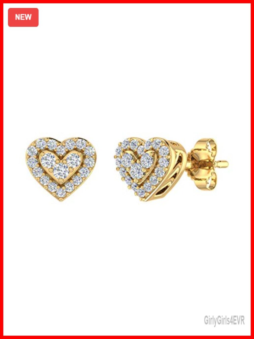 14K Yellow Gold Heart Stud Earrings Prong Set Diamond Cluster